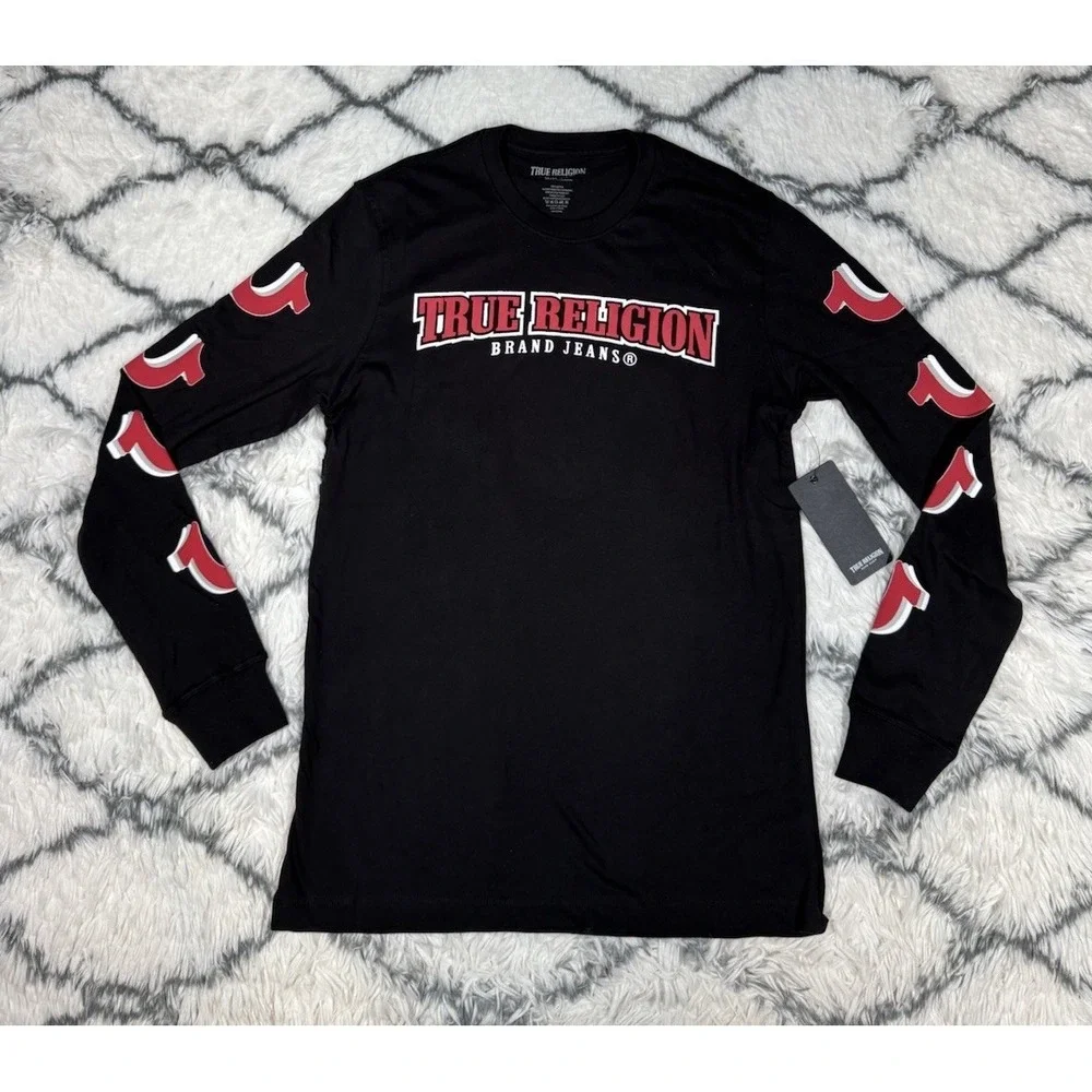 TRUE RELIGION Repeated 3D Horseshoe Long Sleeve Shirt Black Red Mens S *NEW* $69